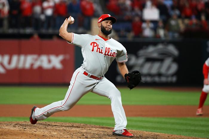 Seranthony Dominguez pitches against the Cardinals.